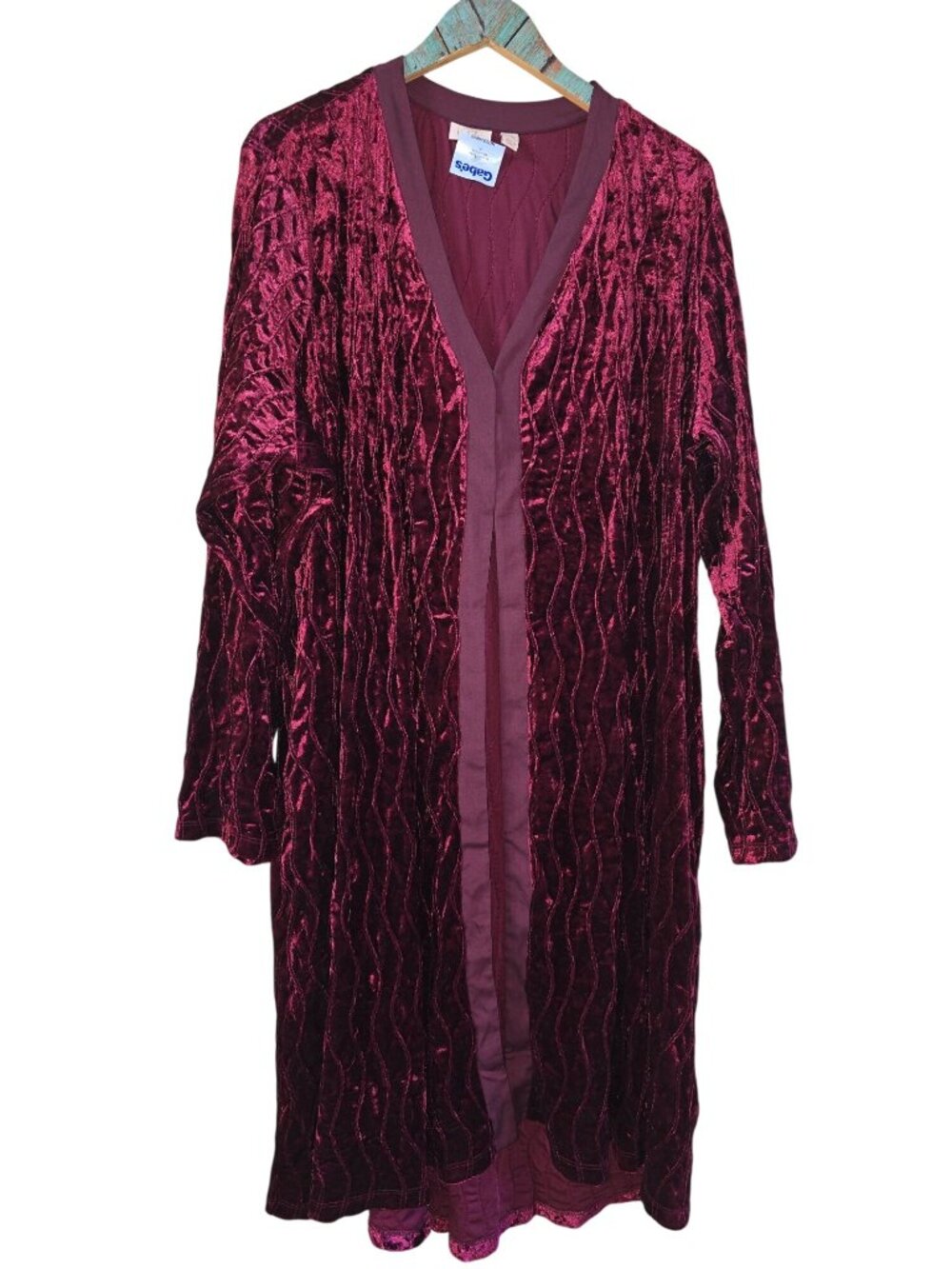 LOGO Lavish Karen Hi-Low Pockets Wine Crushed Velvet Duster, NWT, 3X